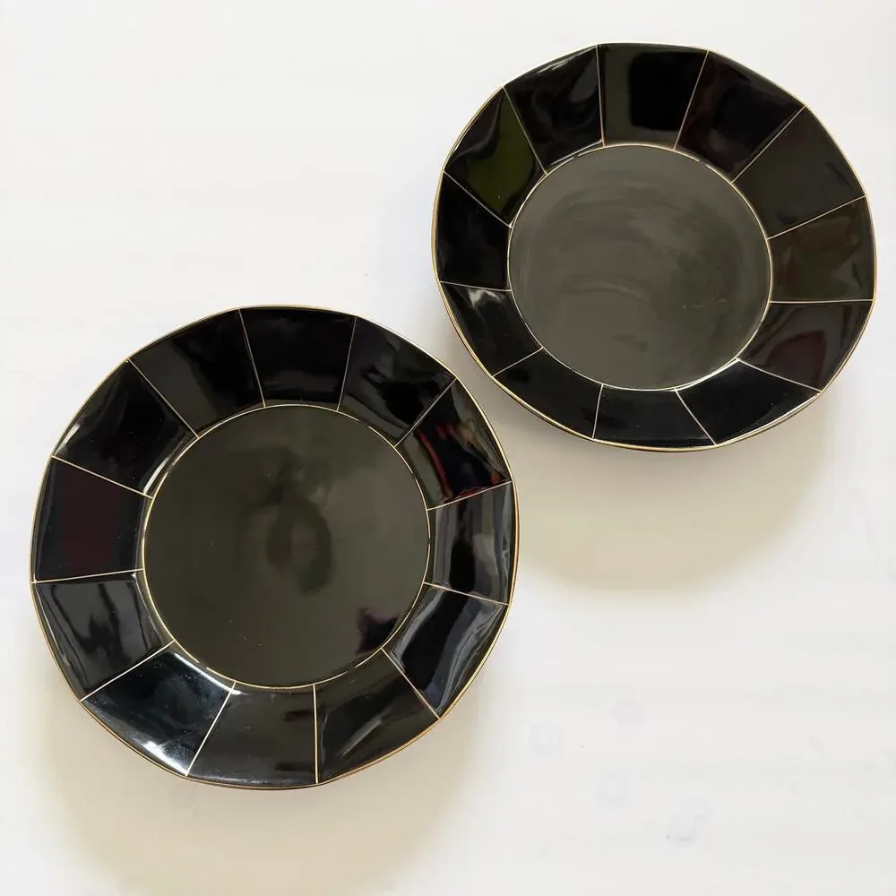 Mikasa Midnight Gold Formal Facet L9903 Glossy Black Art Deco Plates